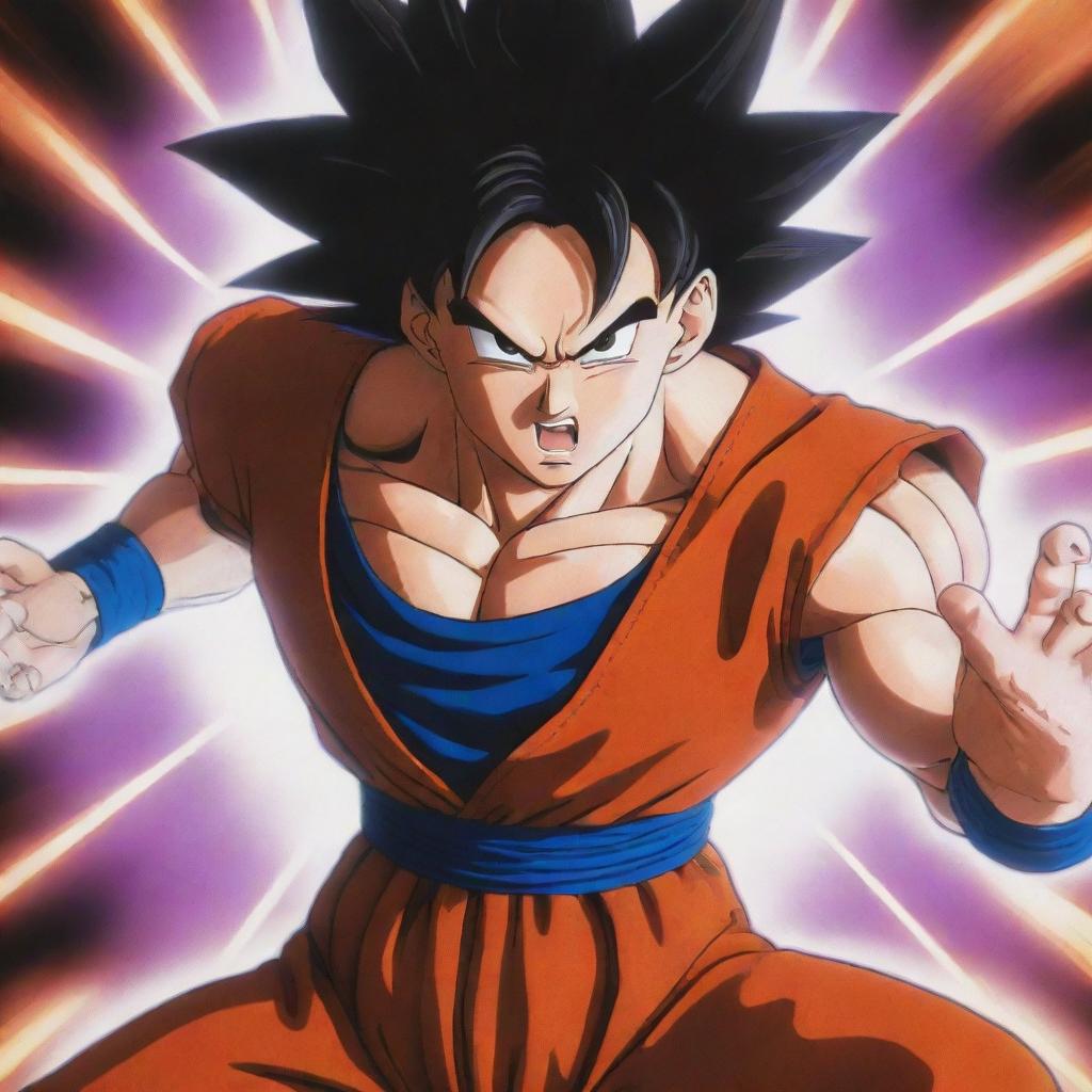 A vibrant, high-energy scene from Dragon Ball Z with Goku powering up for a Kamehameha wave against a threatening and ominously powerful opponent