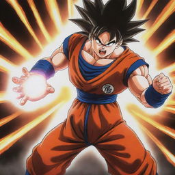 A vibrant, high-energy scene from Dragon Ball Z with Goku powering up for a Kamehameha wave against a threatening and ominously powerful opponent