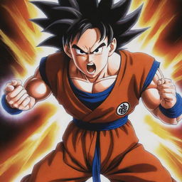 A vibrant, high-energy scene from Dragon Ball Z with Goku powering up for a Kamehameha wave against a threatening and ominously powerful opponent