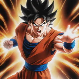 A vibrant, high-energy scene from Dragon Ball Z with Goku powering up for a Kamehameha wave against a threatening and ominously powerful opponent