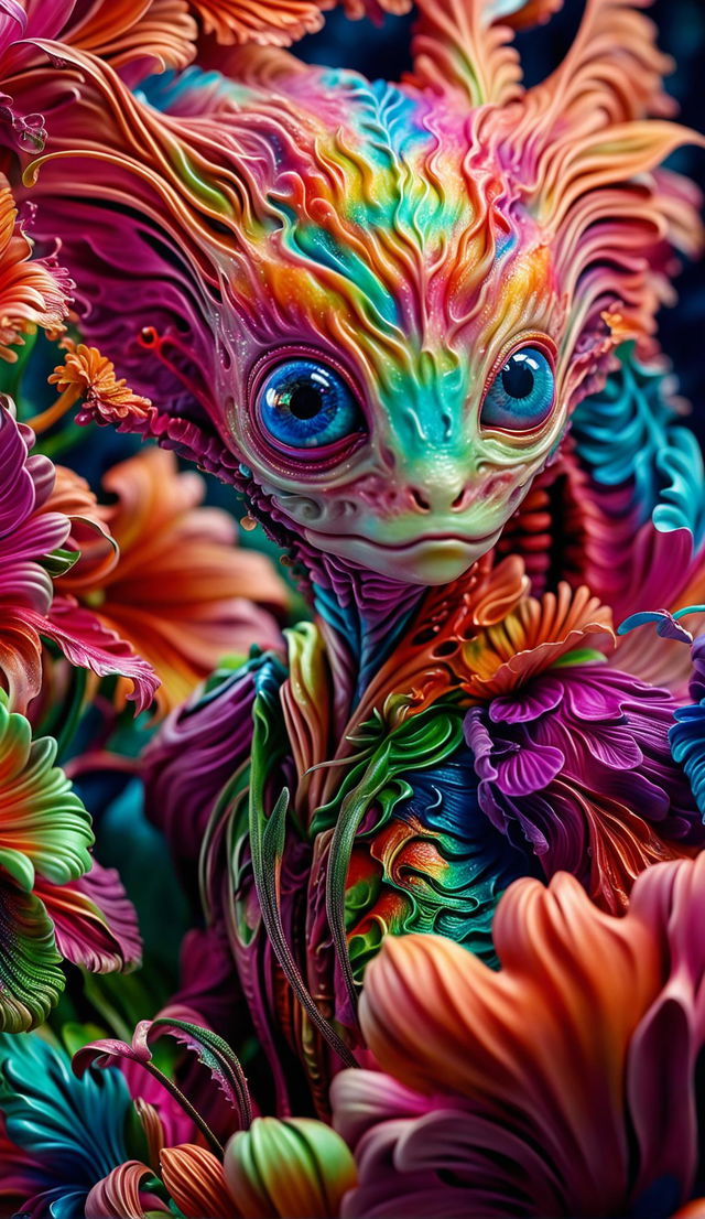 Hyper-realistic 3D Rococo-inspired photograph of an intelligent alien amidst vibrant, fantastical flowers in a close-up, high-definition shot.