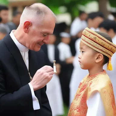 During the ceremony, the priest performed a ceremonial tap on the child's forehead.