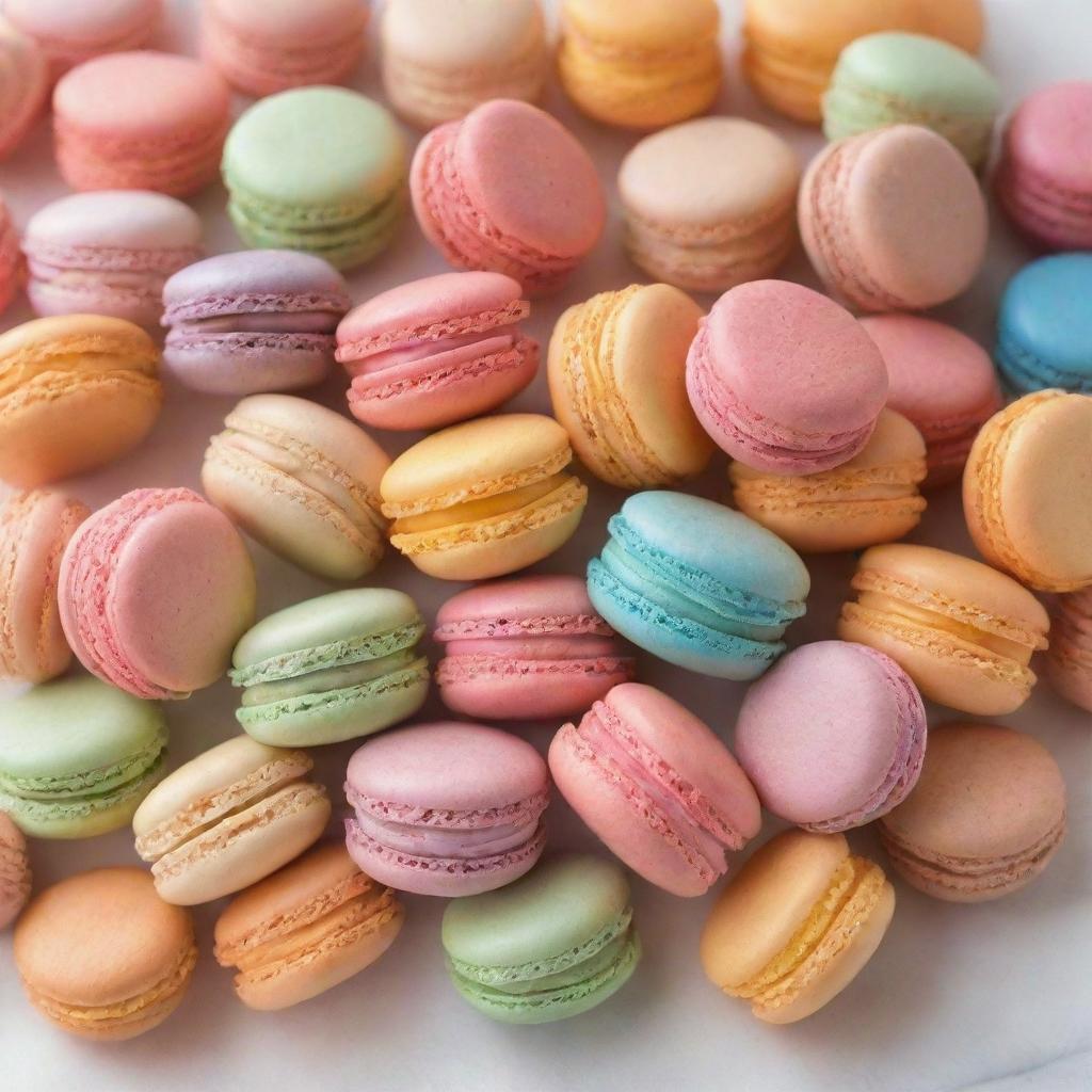 A bright, colorfully assorted heap of cute macarons with delicate, unfilled shells and soft, creamy centers displayed on a clean, white surface.