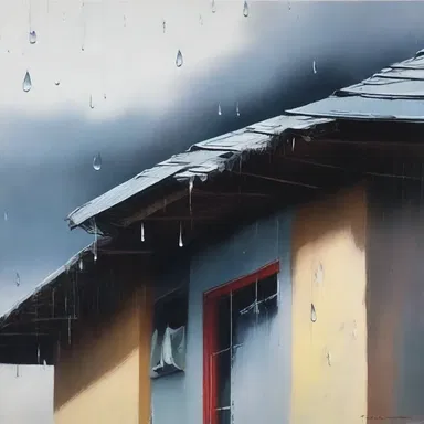 The artist used different brushstrokes to convey the tap of raindrops on the roof.