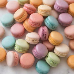 A bright, colorfully assorted heap of cute macarons with delicate, unfilled shells and soft, creamy centers displayed on a clean, white surface.