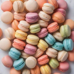 A bright, colorfully assorted heap of cute macarons with delicate, unfilled shells and soft, creamy centers displayed on a clean, white surface.