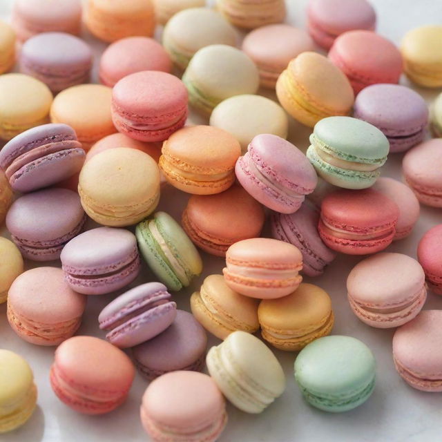 A bright, colorfully assorted heap of cute macarons with delicate, unfilled shells and soft, creamy centers displayed on a clean, white surface.