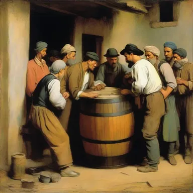 In his famous painting, the artist depicted a scene where a group of people gather around a barrel, anxiously waiting to tap into it and enjoy the refreshment inside.