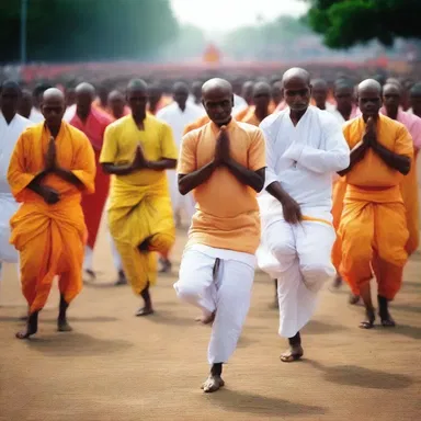 During the religious ceremony, the devotees tap their feet in rhythmic unison as an expression of devotion.