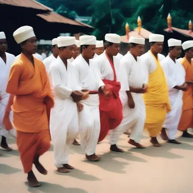 During the religious ceremony, the devotees tap their feet in rhythmic unison as an expression of devotion.