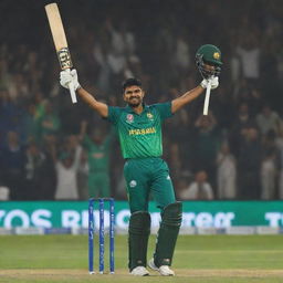 A picture of Babar Azam celebrating after making three consecutive fifties against New Zealand in a 5 match series. He is wearing cricket gear, surrounded by cheering teammates and a display of the match statistics features in the background.