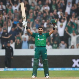 A picture of Babar Azam celebrating after making three consecutive fifties against New Zealand in a 5 match series. He is wearing cricket gear, surrounded by cheering teammates and a display of the match statistics features in the background.