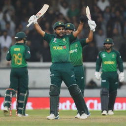 A picture of Babar Azam celebrating after making three consecutive fifties against New Zealand in a 5 match series. He is wearing cricket gear, surrounded by cheering teammates and a display of the match statistics features in the background.