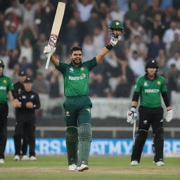 A picture of Babar Azam celebrating after making three consecutive fifties against New Zealand in a 5 match series. He is wearing cricket gear, surrounded by cheering teammates and a display of the match statistics features in the background.