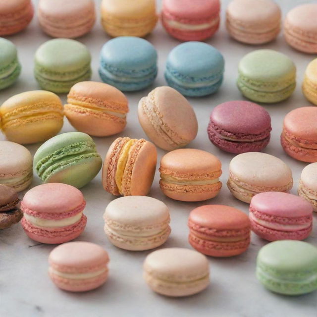 An array of delicious, colorful macarons neatly arrayed on a marble counter.