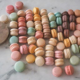 An array of delicious, colorful macarons neatly arrayed on a marble counter.