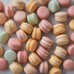 An array of delicious, colorful macarons neatly arrayed on a marble counter.