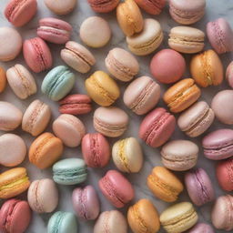 An array of delicious, colorful macarons neatly arrayed on a marble counter.