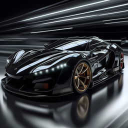 Sleek black sports car with shining chrome details, dynamic angled shot, showcasing aggressive design and speed, hyper-realistic style.