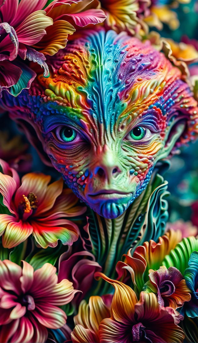 Hyper-realistic 3D Rococo-inspired photograph of an intelligent alien amidst vibrant, fantastical flowers in a close-up, high-definition shot.