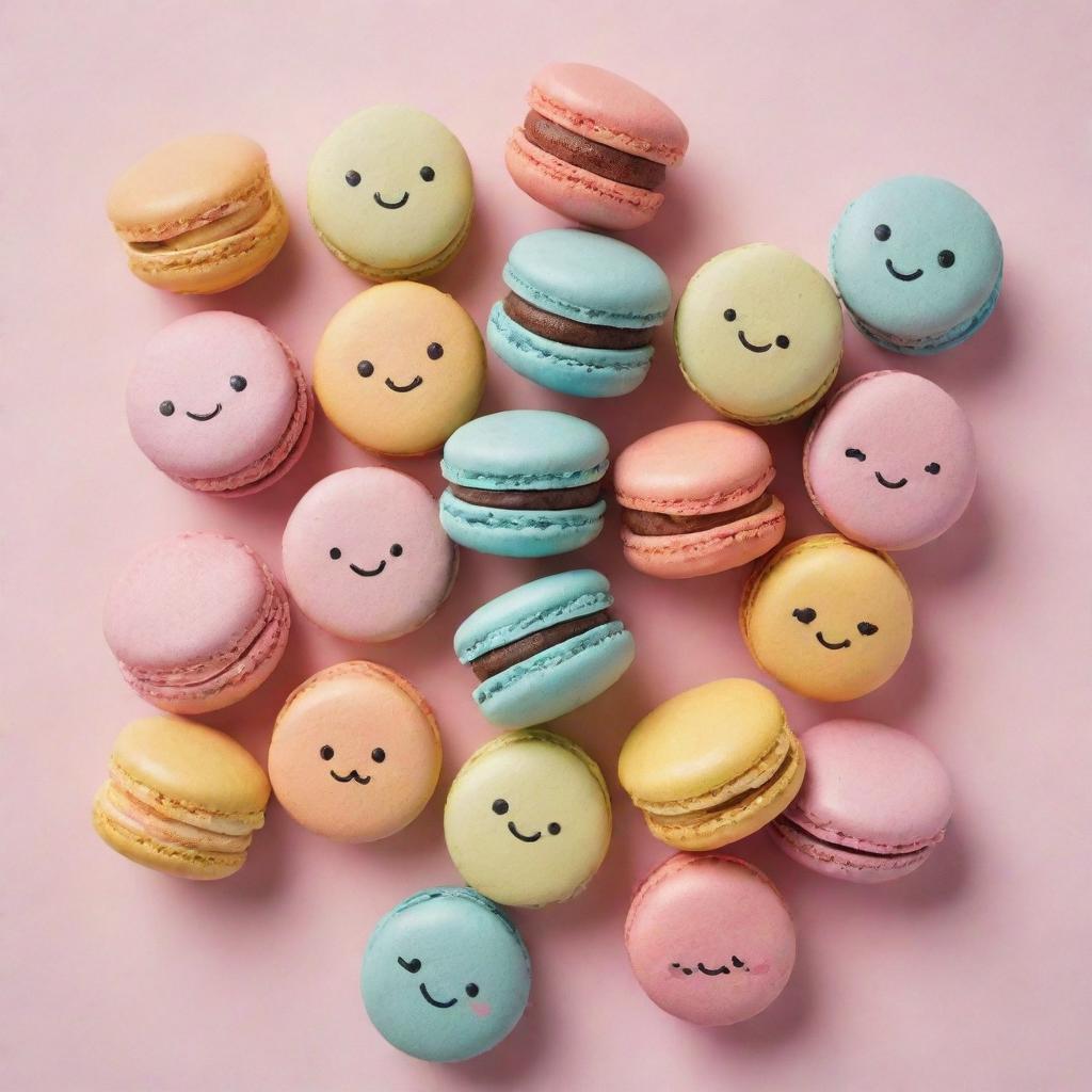 Adorable, colorful macarons with cute faces and details, sitting on a pastel background.