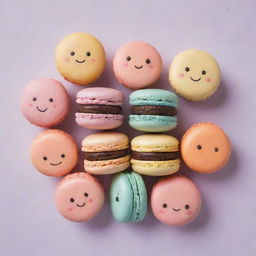 Adorable, colorful macarons with cute faces and details, sitting on a pastel background.