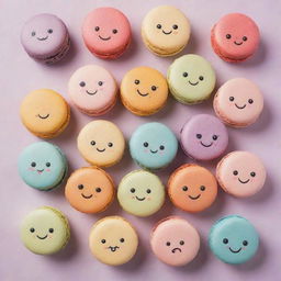 Adorable, colorful macarons with cute faces and details, sitting on a pastel background.