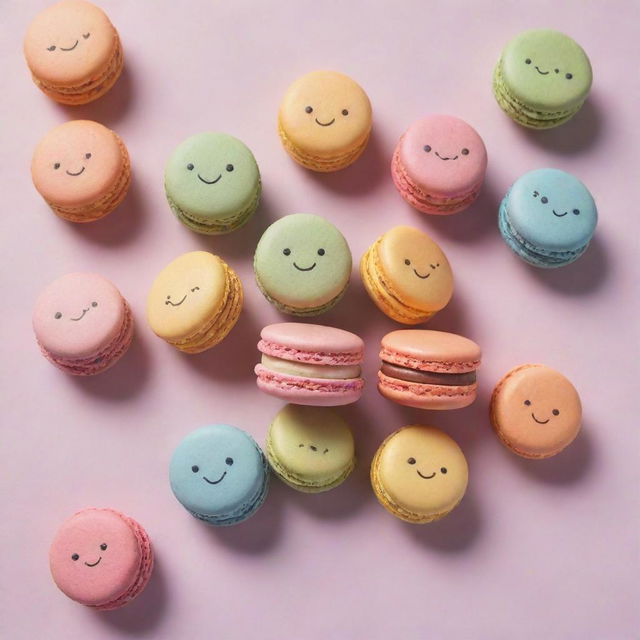 Adorable, colorful macarons with cute faces and details, sitting on a pastel background.