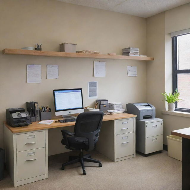 A neat, organized office space filled with filing cabinets, paperwork, and a quintessential desk with a computer, stationery, and various administrative tools.