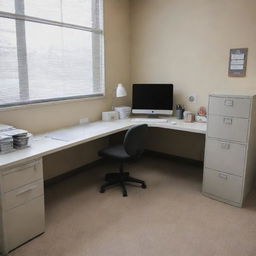 A neat, organized office space filled with filing cabinets, paperwork, and a quintessential desk with a computer, stationery, and various administrative tools.