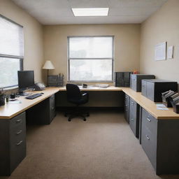 A neat, organized office space filled with filing cabinets, paperwork, and a quintessential desk with a computer, stationery, and various administrative tools.