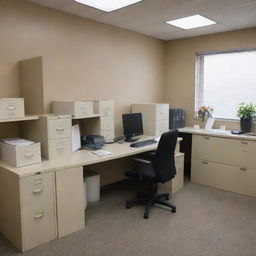 A neat, organized office space filled with filing cabinets, paperwork, and a quintessential desk with a computer, stationery, and various administrative tools.