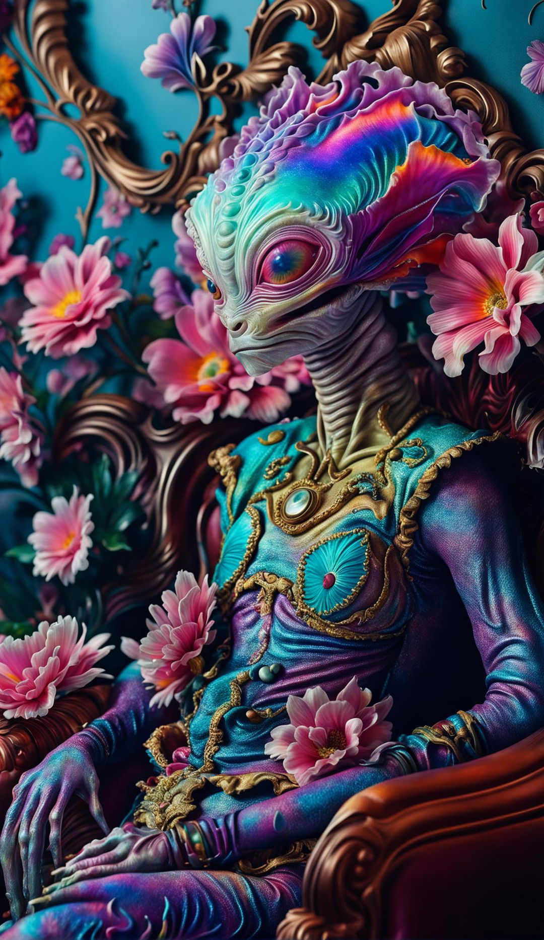 Hyper-realistic 3D Rococo photography of an intelligent, vibrantly coloured alien in a flower-filled setting. Close-up, high-definition image with a fantasy aesthetic.