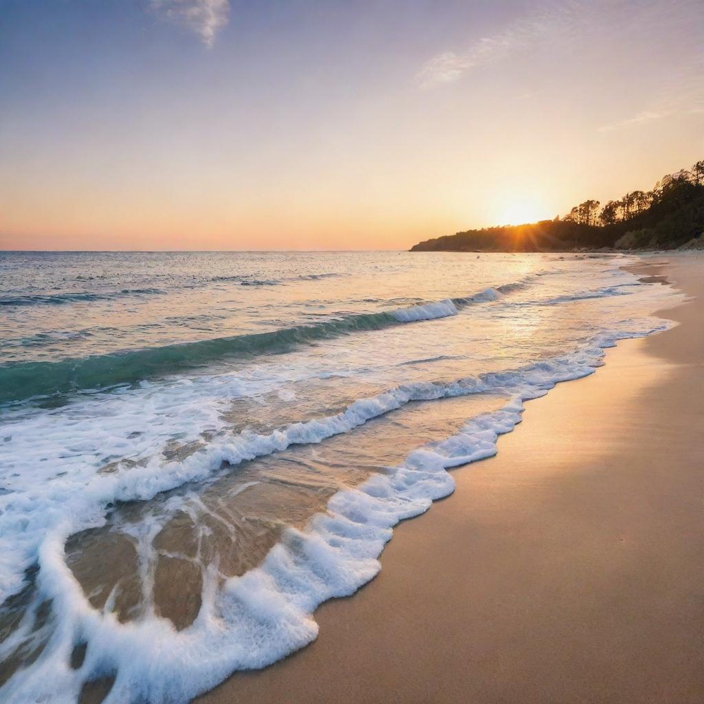 A stunning view of a serene beach with gentle waves lapping at the shore during sunset, creating a relaxing ambiance.