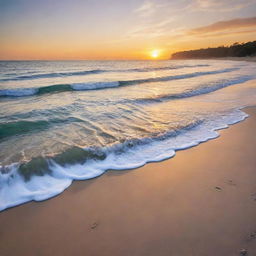 A stunning view of a serene beach with gentle waves lapping at the shore during sunset, creating a relaxing ambiance.