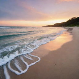 A stunning view of a serene beach with gentle waves lapping at the shore during sunset, creating a relaxing ambiance.