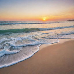 A stunning view of a serene beach with gentle waves lapping at the shore during sunset, creating a relaxing ambiance.