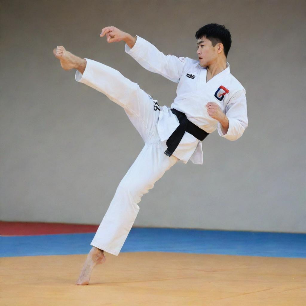 An athlete in a white uniform executing a high kick in a Taekwondo match