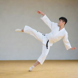 An athlete in a white uniform executing a high kick in a Taekwondo match