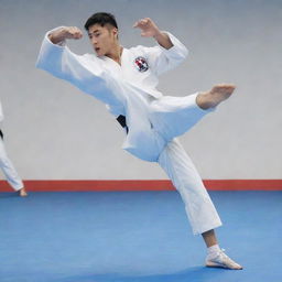 An athlete in a white uniform executing a high kick in a Taekwondo match