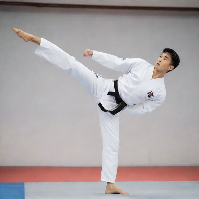 An athlete in a white uniform executing a high kick in a Taekwondo match