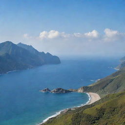 A picturesque landscape where mountains horizontally stretch towards the sea, forming a unique coastal terrain.