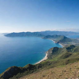 A picturesque landscape where mountains horizontally stretch towards the sea, forming a unique coastal terrain.