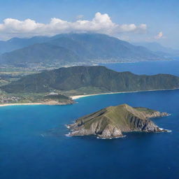 A picturesque landscape where mountains horizontally stretch towards the sea, forming a unique coastal terrain.