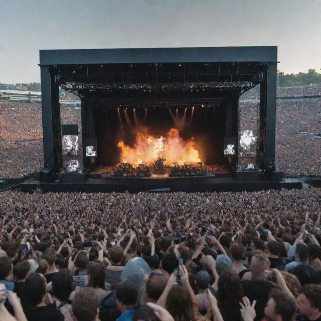 Metallica band performing on a large concert stage with roaring crowd