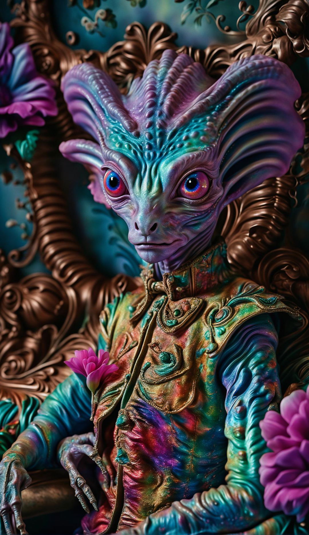 Hyper-realistic 3D Rococo photography featuring an intelligent alien amidst a vibrant, flower-filled setting. The image is a close-up, high-definition shot with a fantasy aesthetic.