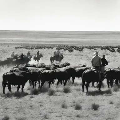 The idyll of the American West is often depicted in historical photographs capturing cowboys herding cattle on the open plains.