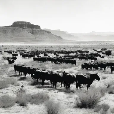 The idyll of the American West is often depicted in historical photographs capturing cowboys herding cattle on the open plains.
