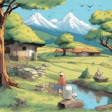 The comic book artist skillfully illustrated an idyll that depicted a peaceful countryside with characters enjoying the beauty of nature.