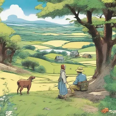 The comic book artist skillfully illustrated an idyll that depicted a peaceful countryside with characters enjoying the beauty of nature.